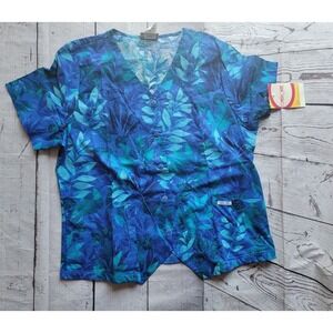 Vintage Cherokee Tropica Bluel Floral Button Up Scrub Top Nurse Top New Size XL
